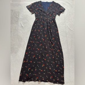 Madewell Black Floral Silk Button Front  Flutter Sleeve Swing Dress 0